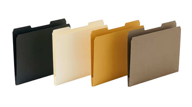 Four colorful file folders in black, cream, gold, and brown standing isolated on transparent background