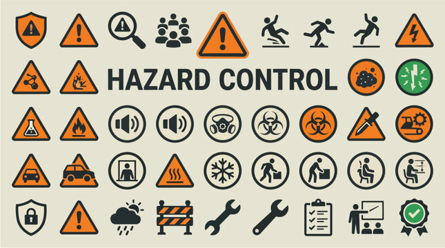 Hazard safety icons for warning signs and occupational health. Caution symbols, risk prevention and site security for manufacturing, laboratory and construction. Compliance, protection and danger inf