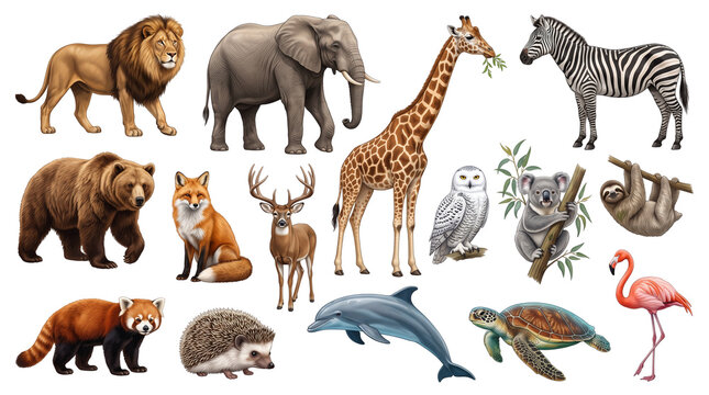 Realistic animal collection with 15 wildlife species, diverse zoo animals set on white background, nature educational illustrations