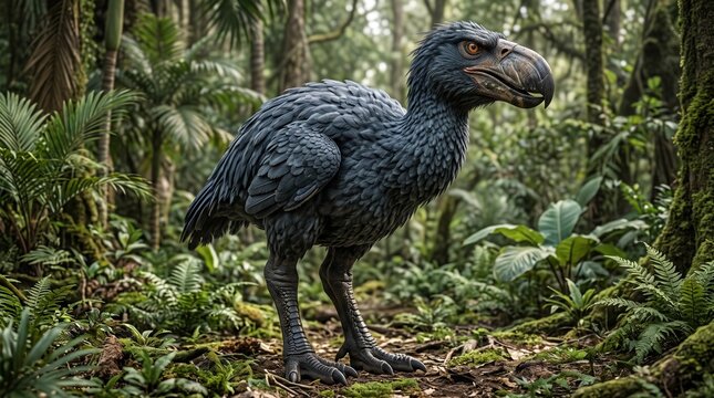 Large prehistoric flightless bird standing in a dense tropical jungle