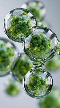The molecular structure of a transparent glass sphere containing green plant cells.