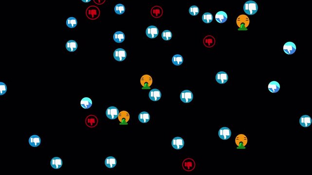 Animated dislike emojis and thumbs down icons move dynamically, expressing disapproval, criticism and negative feedback for digital content with alpha channel.