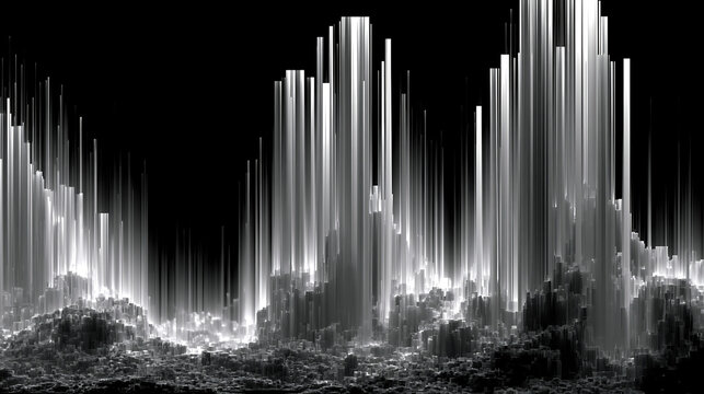 abstract monochrome pattern of vertical light streaks falling like rain against a dark background creating a dynamic modern design concept for projects