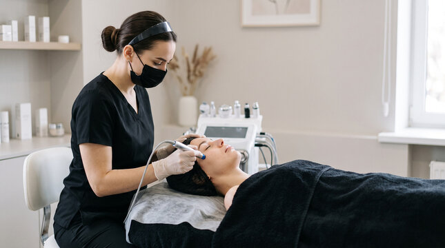 Cosmetologist using a dermastamp tool on a client&rsquo;s face during a comprehensive aesthetic clinic session, incorporating services like botox, mesotherapy, laser hair removal, facial cleansing, hydra fa