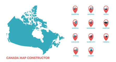 Fototapeta premium Canada map constructor set with city location pins for Edmonton, Montreal, Winnipeg, Toronto, Vancouver, Ottawa, Calgary and more. Vector travel infographics design bundle