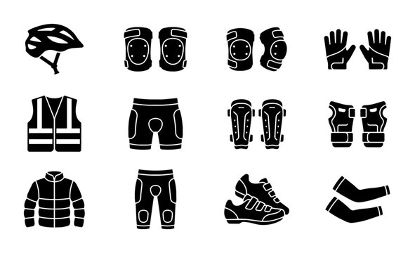 Cycling Safety Gear Icons, Sports Protection Equipment Set, Bicycle Accessories Collection, Vector Illustrations for Outdoor Activity