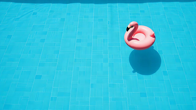 Geometric swimming pool with vintage mosaic tiles and a pink inflatable flamingo.