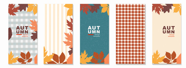 Fototapeta premium Autumn design template set. Five vertical portrait banners with textured fall leaves, gingham plaid, and stripe patterns. Retro vector layouts for seasonal social media stories or flyers.