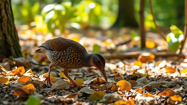 Woodcock bird foraging in forest clearing with long beak, autumn colors in natural habitat.