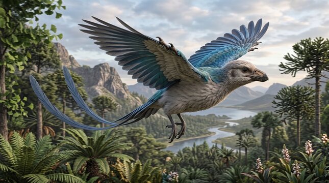 Prehistoric feathered bird soaring over ancient Jurassic valley