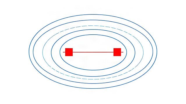 Scientific diagram of blue field lines between red magnetic poles.