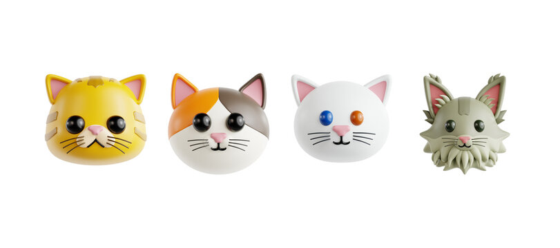 Four cute cat heads with diverse fur patterns pet animal character collection