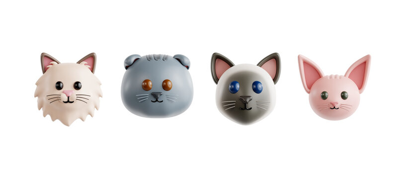 four cute cat heads with different breeds feline pet collection