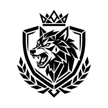 Aggressive wolf head crest emblem design with crown and laurel wreath