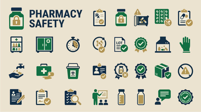 Pharmacy safety icons and healthcare medicine symbols for clinical compliance and drug regulation. Medical security set with health hospital signs, pharmaceutical treatment and quality protection sto