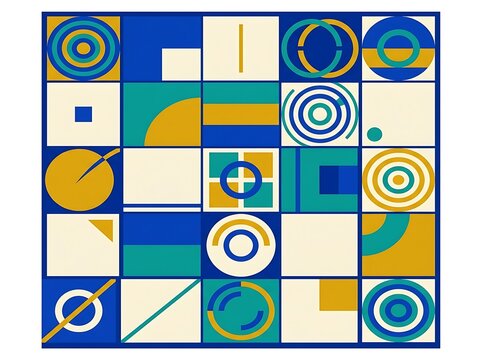 Geometric pattern featuring concentric circles squares and linear elements in teal gold and blue abstract