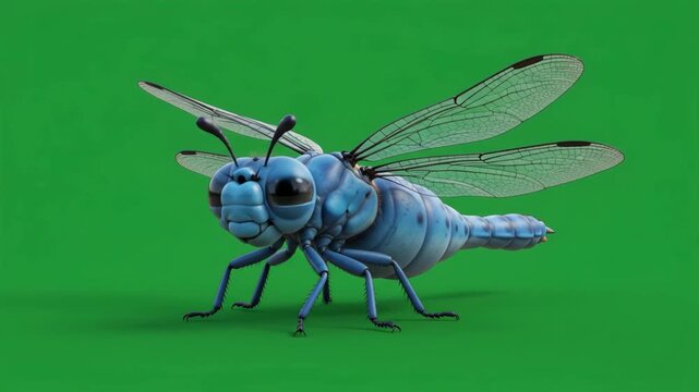 Blue insect with transparent wings on a vibrant green background, showcasing its intricate details and unique form.