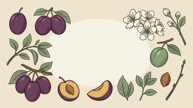 Plum fruit border with organic plum blossom and botanical leaf frame for harvest festival, natural food label and healthy garden market. Sweet purple damson, seed and slice for organic packaging desi