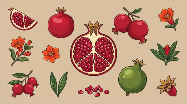 Pomegranate fruit set, organic red seeds and fresh slices for healthy food menu, juice label and botanical design. Punica granatum, whole pomegranates and exotic blossoms for branding garden store