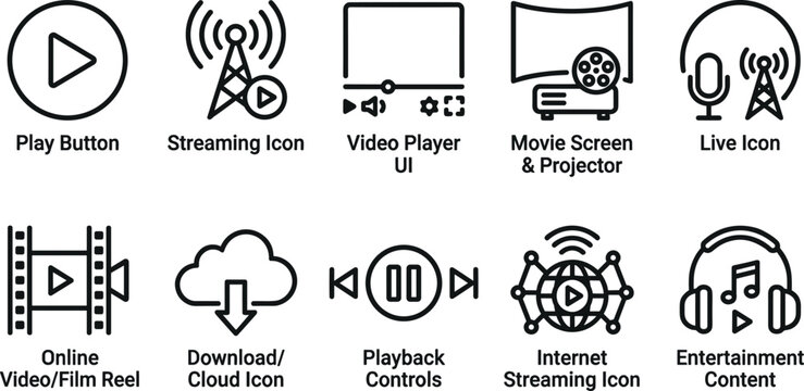 Digital media streaming and online video entertainment line icon set featuring player interface broadcast projector cloud download and playback graphics for multimedia website layout
