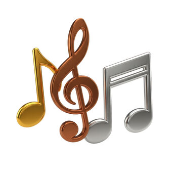 Shiny musical notes symbols in gold copper and silver metal for music art education melody compositions and sound production.