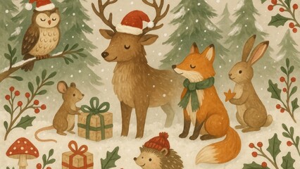 Naklejka premium Whimsical woodland creatures celebrate desktop wallpaper