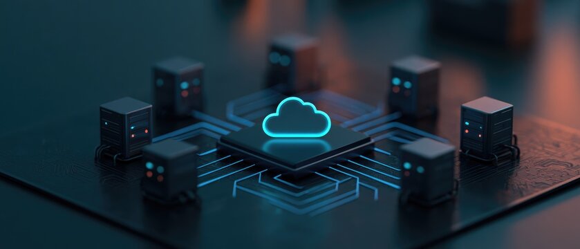Digital Cloud Computing Network with Servers and Circuit Board.