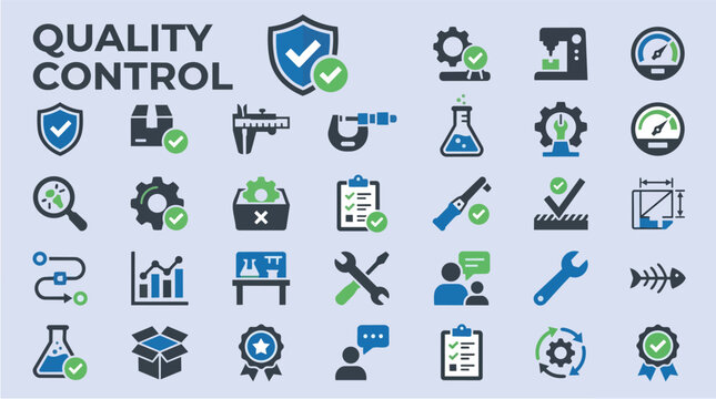Quality control icons, assurance standards and industrial inspection for manufacturing, production and logistics. Assessment, management and certification with tools, gear and checklist for safety