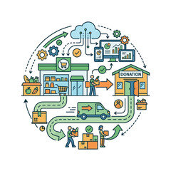 Fototapeta premium Food donation and supply chain vector illustration showing grocery logistics, delivery trucks, cloud data, and community charity.