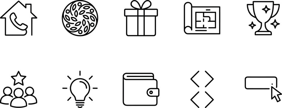 Minimalist linear vector business icons set featuring home telephone leaf pattern gift blueprint trophy star ratings idea bulb wallet code internet