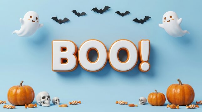 3d halloween background with boo text, ghosts, pumpkins, skulls, and candy on blue