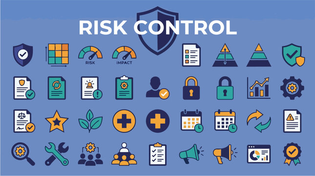 Risk management icons, business and security for compliance, assessment and safety strategy. Shield, lock and magnifying glass with data, insurance and corporate protection for professional office