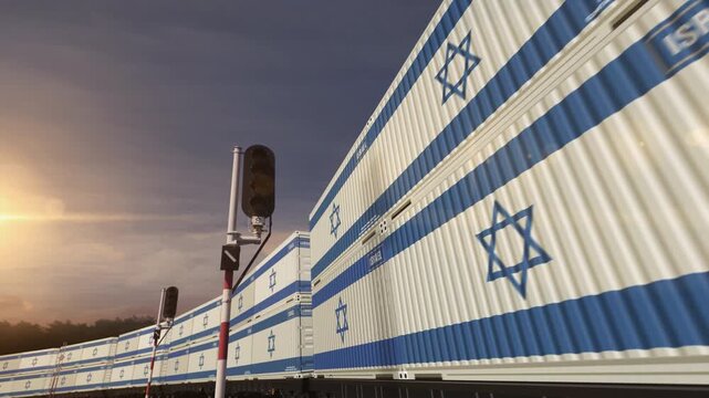 Israel export import and production containers on a railway freight wagons loop. Business concept of train transport and shipping with a Israeli flag. 3D loopable and seamless.