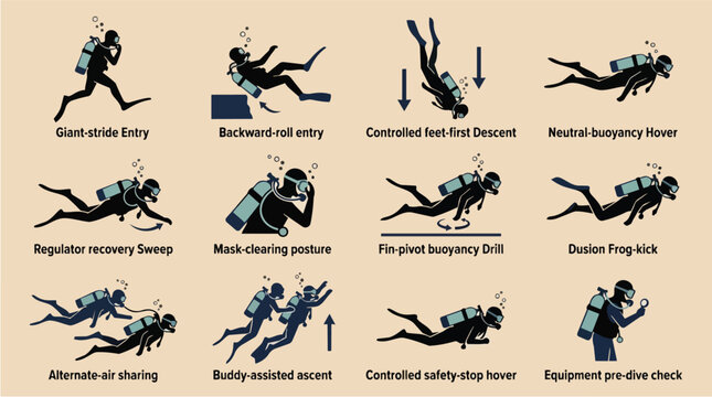 Scuba diving training, instructional icons and underwater safety techniques for education, sports lessons and deep sea activities. Diver, silhouettes and equipment for learning, swimming and hobby.