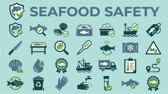 Seafood safety icons for food quality control, hygiene and supply chain management. Fish industry, certification and fresh product standard for commercial kitchen, export and restaurant storage.