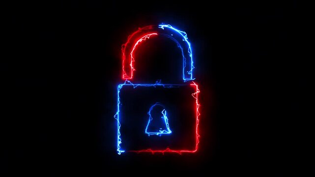 Neon padlock icon animation. Neon lock logo animation. privacy, encryption and online security.