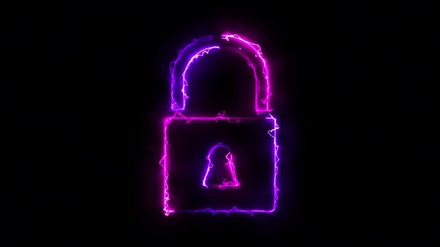 Neon padlock icon animation. Neon lock logo animation. privacy, encryption and online security.
