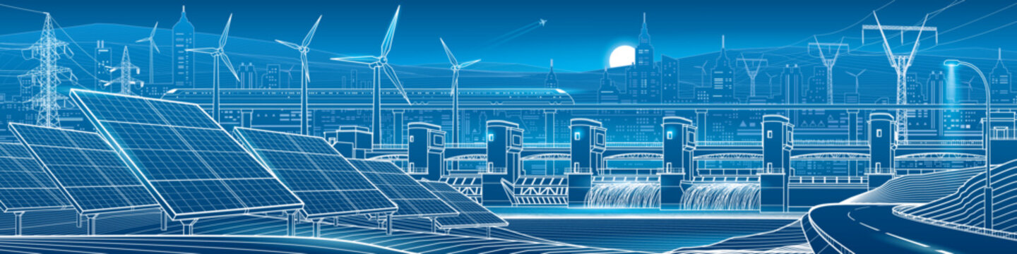Panoramic line art illustration of sustainable infrastructure with solar panels, hydroelectric dam, wind turbines, power grid, high-speed railway, road and modern city.