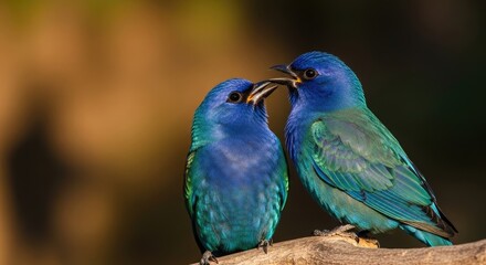Obraz premium Two blue birds on branch, interacting, colorful