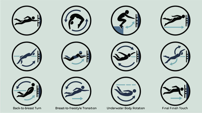 Swimming techniques, turn icons and aquatic sport movements for coaching, athlete training and competition education. Breaststroke, freestyle and rotation with transition, dive and pool exercises