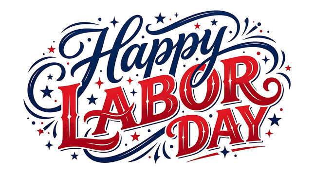 Celebratory illustration for Labor Day featuring festive typography with stars and decorative swirls capturing the spirit of