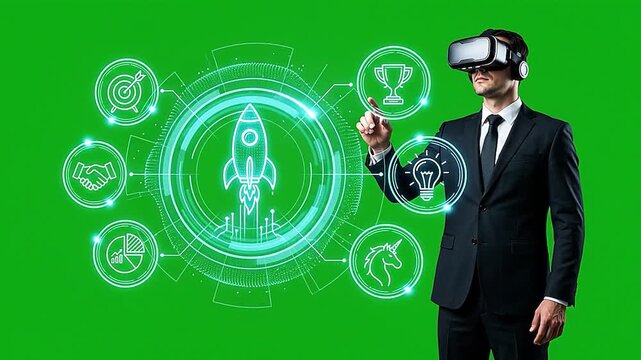 Businessman VR Headset Interacting Startup Hologram Green Screen Business Technology
