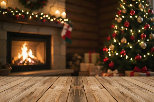 Empty wooden table in front of a cozy christmas fireplace and tree