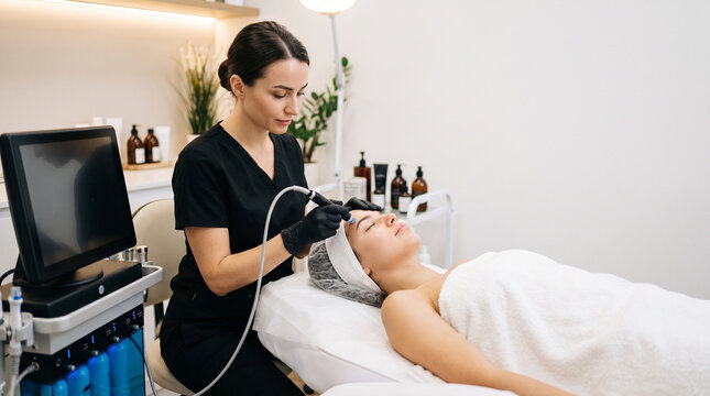 Cosmetologist using a dermastamp tool on a client&rsquo;s face during a comprehensive aesthetic clinic session, incorporating services like botox, mesotherapy, laser hair removal, facial cleansing, hydra fa
