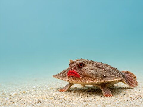 Wild Animal Background &ndash; Red-Lipped Batfish. Red-lipped batfish walking on a sandy seabed against a soft blue underwater background, featuring its unusual flattened body and bright red lips 