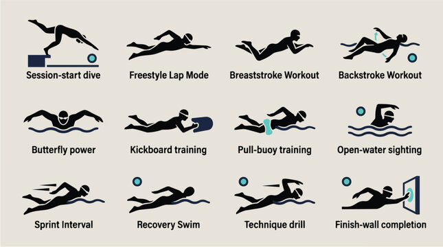 Swimming, athlete and pool icons for training, sports competition and fitness workout. Swimmer, butterfly stroke and freestyle with breaststroke, backstroke and kickboard for aquatic exercise set