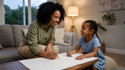 Obraz premium Mother, daughter and drawing at home with family bonding, creativity and education. African American woman, child and crayons in living room with happiness, leisure and hobby together at night