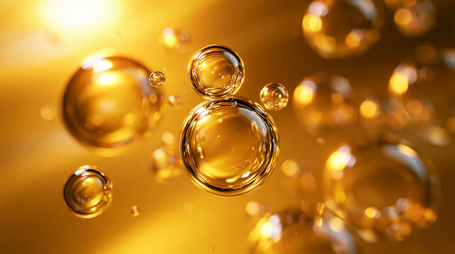 Golden Oil Bubbles Floating in Serum Liquid Texture