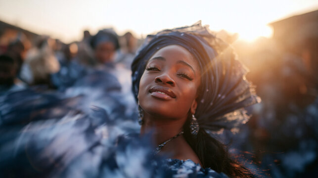 African Woman in Traditional Attire Dancing at Outdoor Cultural Celebration