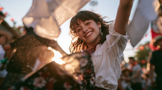Joyful Young Woman Dancing at Outdoor Cultural Festival